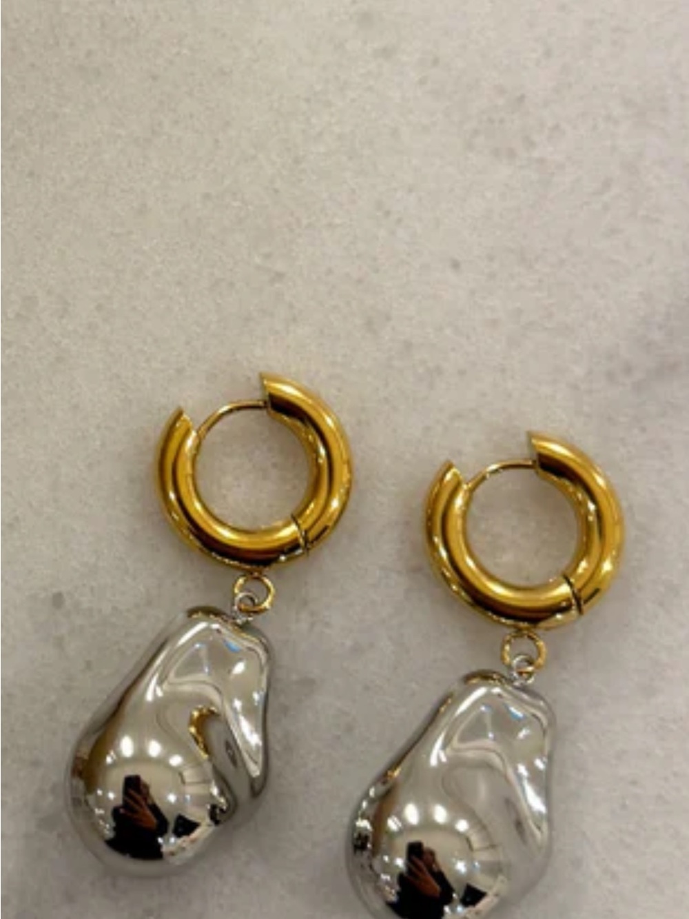 Gold Hoop Earrings with Silver Teardrop Pendants - Women Jewelry